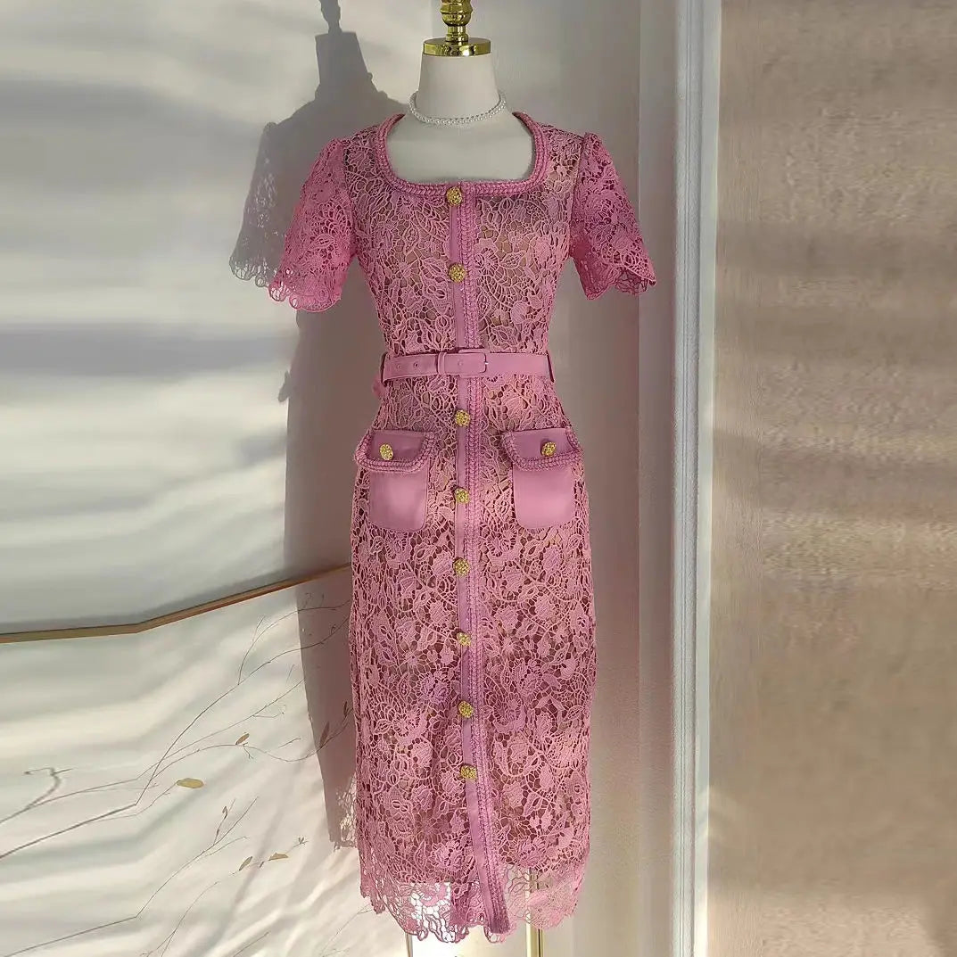 Sheath Bodycon Flower Embroidery Lace Prom Dress – Women's Summer/Fall Short Sleeve Midi Evening Dress