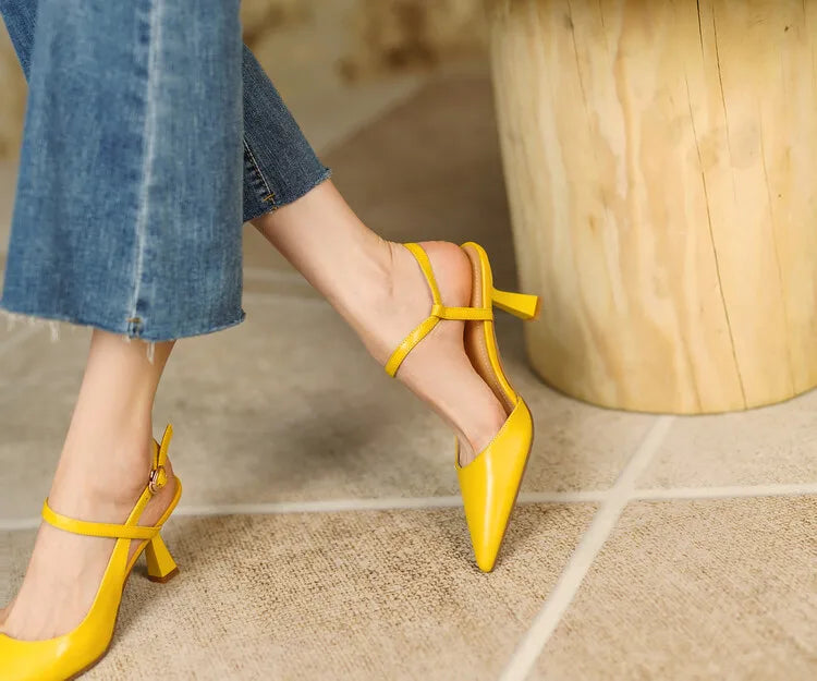 Summer Women Shoes Pointed Toe Thin Heel Women Sandals Genuine Leather Shoes for Women Slingback Elegant High Heels Party Shoes
