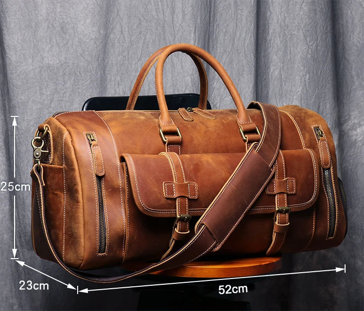 MUNUKI Vintage Crazy Horse Genuine Leather Travel bag Large Luggage bag men Leather duffle bag Large Weekend Bag Tote Big