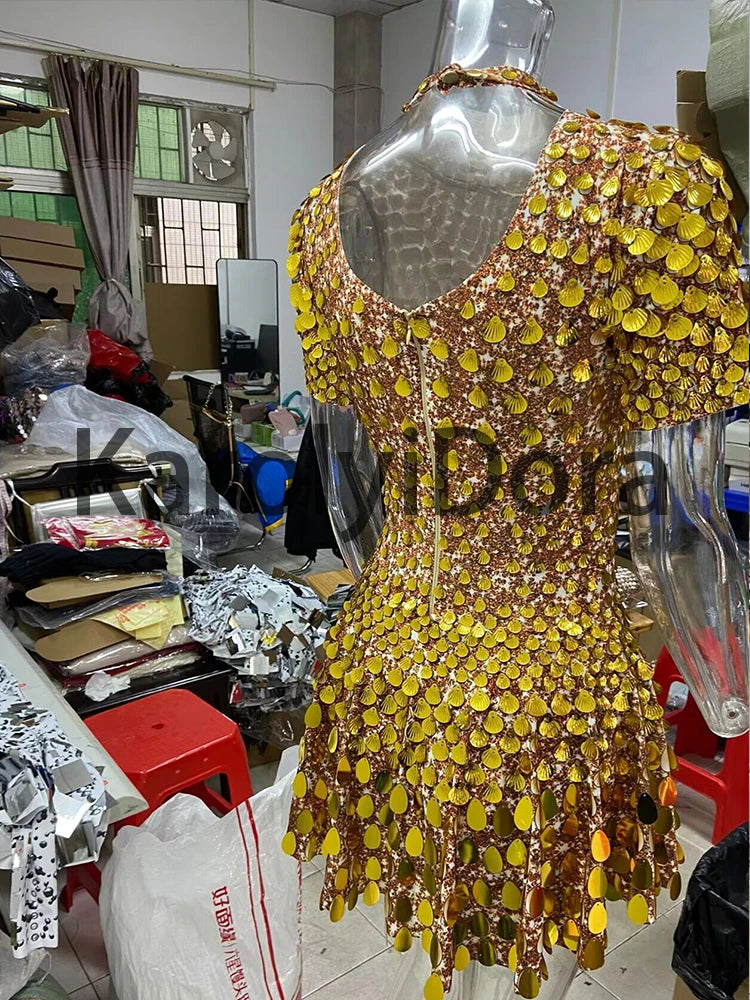 Sexy Black Shell Sequins Mini Dress Nightclub Dance High Quality Performance Clothing Bodysuit Birthday Red Dresses