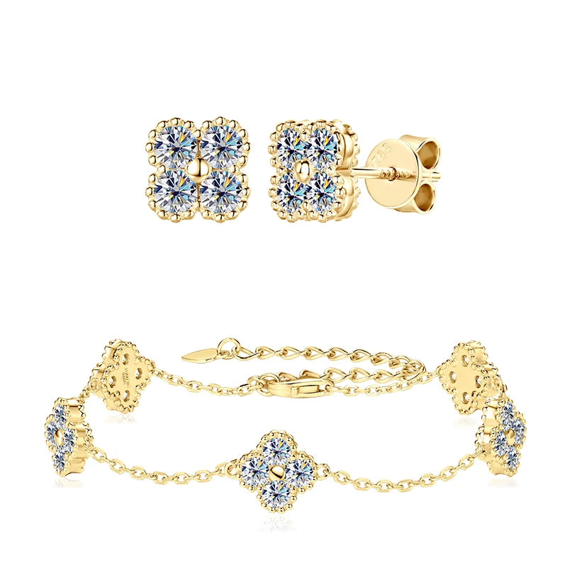 18k Gold Plated 925 Silver 3mm Moissanite Necklace Earrings Bracelet Sets 3 In 1 Clover Flower Charm Jewelry Set for Women Gift