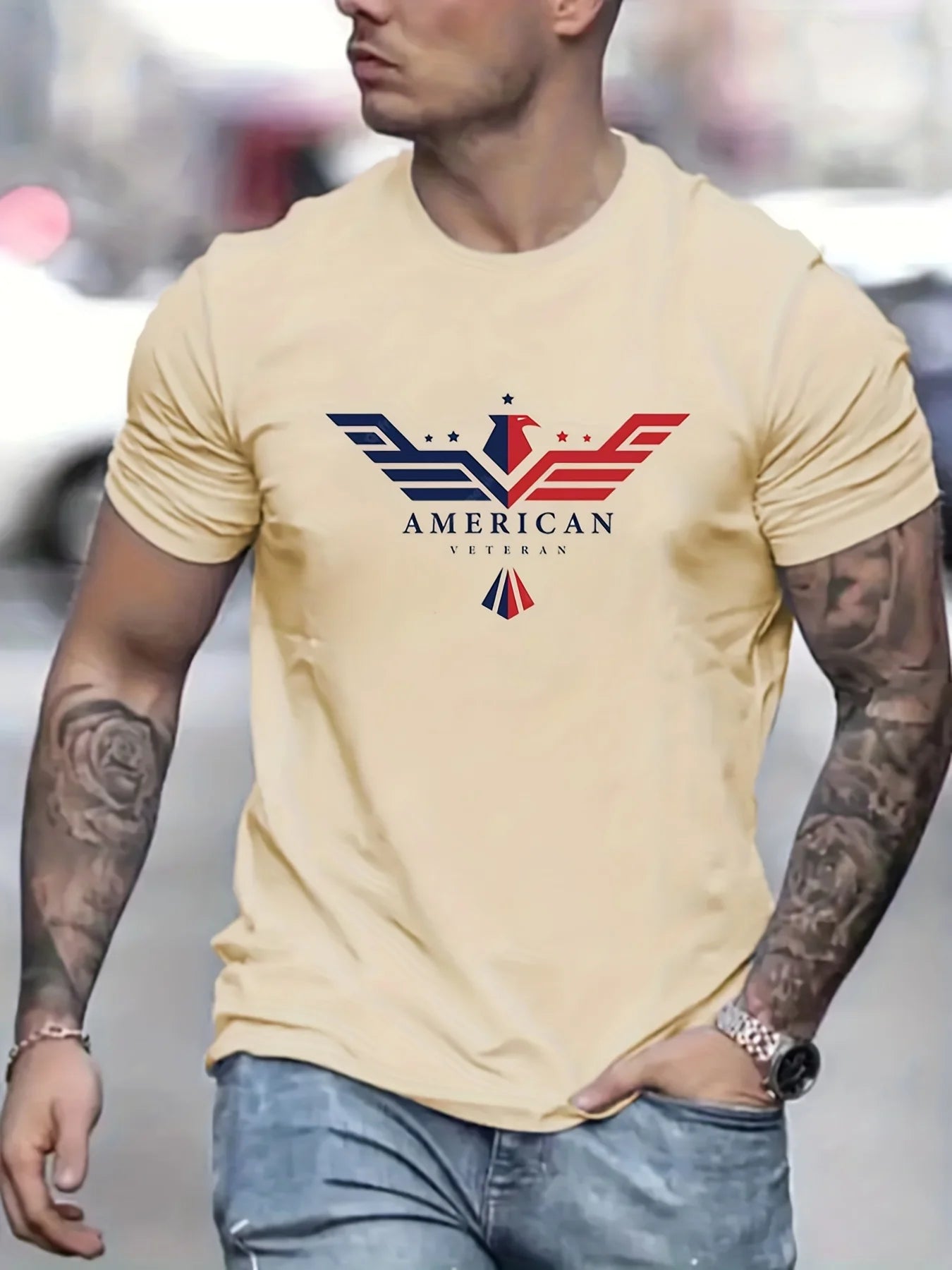 Men’s Summer 100% Cotton Bald Eagle USA Print T-Shirt