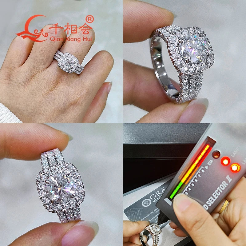 2ct 8mm cushion Moissanite Ring three rows half Band 925 Silver hip hop Men women Diamonds Male Jewelry