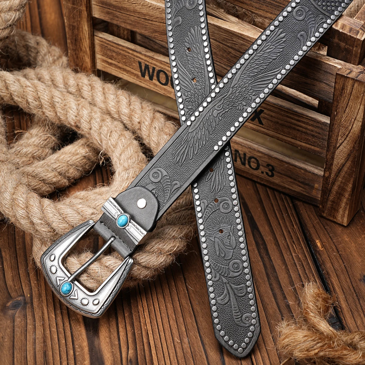 Men Women-Western-Cowboy-PU Leather-Belts - Vintage Belt Floral Engraved Buckle Belt for Jeans