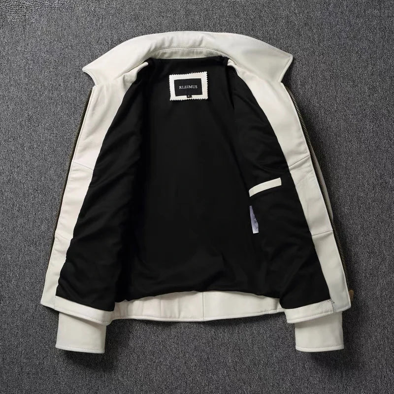 Men's Genuine Leather Jacket White Lapel Calfskin Jacket Natural Cowhide Men's Coat Slim Fit Top Layer Cowhide Biker Jacket