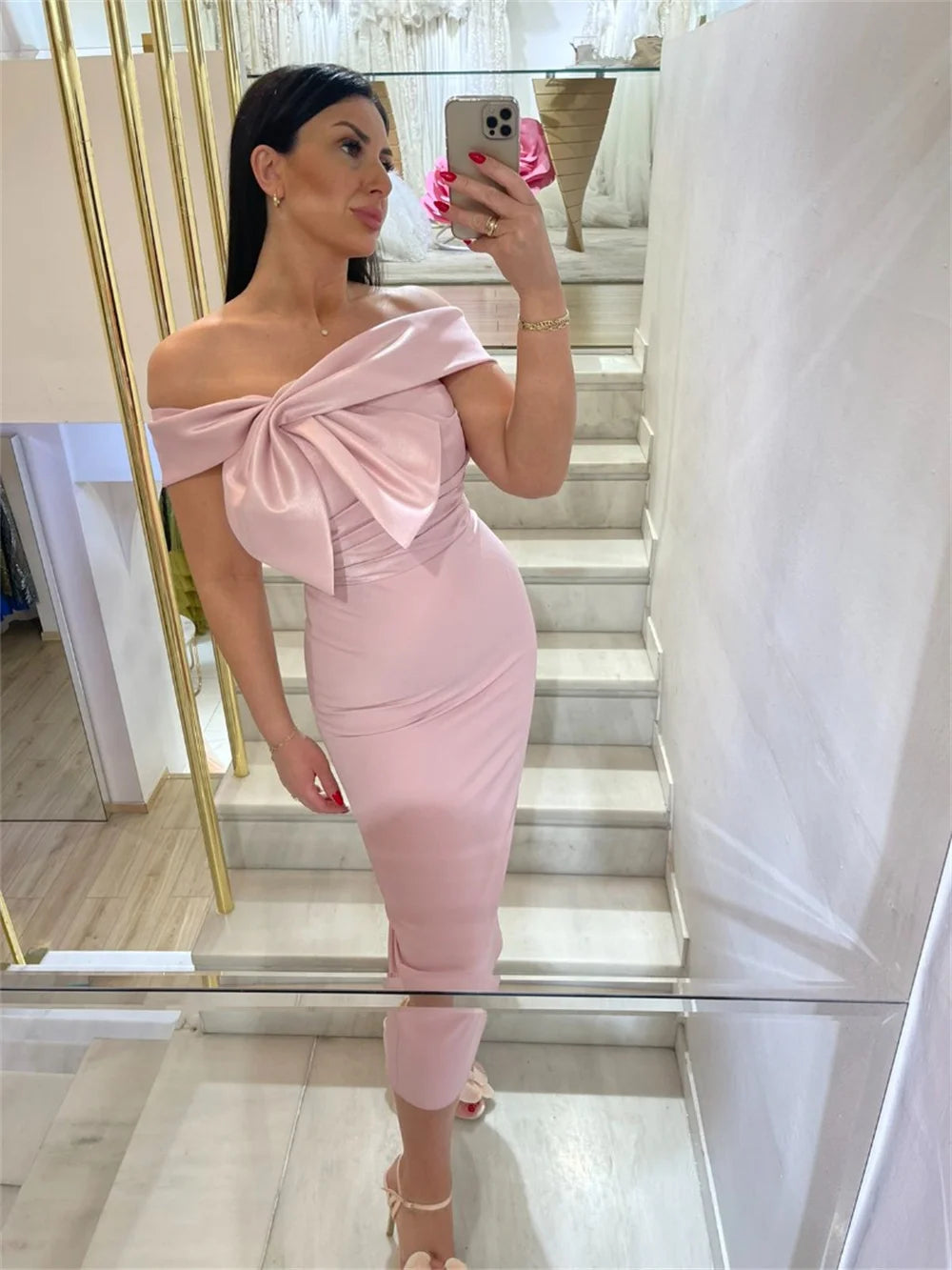 Mila Pink Off Shoulder Prom Dress Mermaid Short Sleeve Customized Luxurious Women Evening Dresses Tra-length vestidos de fiesta