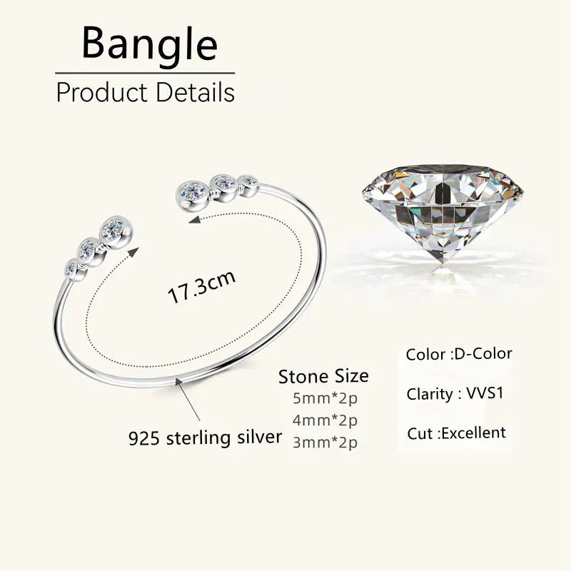 Lnngy Adjustable Cuff Bracelet Original and Pure 925 Sterling Silver Bezel Moissanite Bracelets For Women Opening Wrist Jewelry