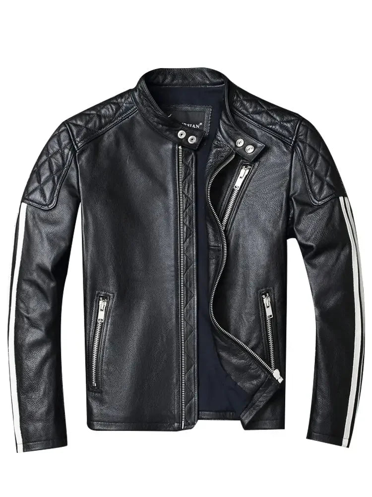 New fashion Men Leather Jacket 100% Genuine Cowhide Coat White Stripes Cool Biker Slim Short Autumn Leather Clothing.