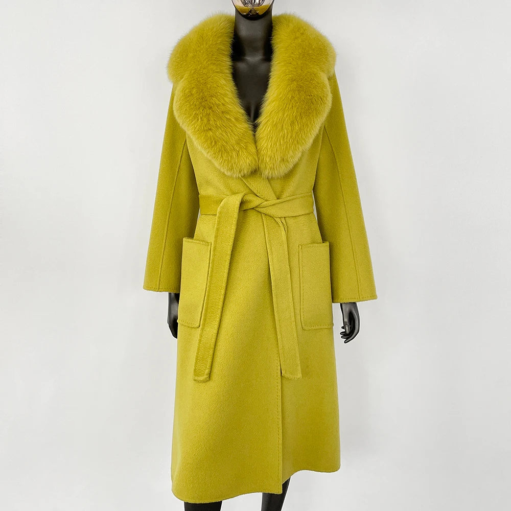 GENHUA 2025 New Casual Fur Coat for Ladies Winter Wool Long Fur Ladies Natural Real Fox Fur Collar Jacket for Ladies Warm Coat