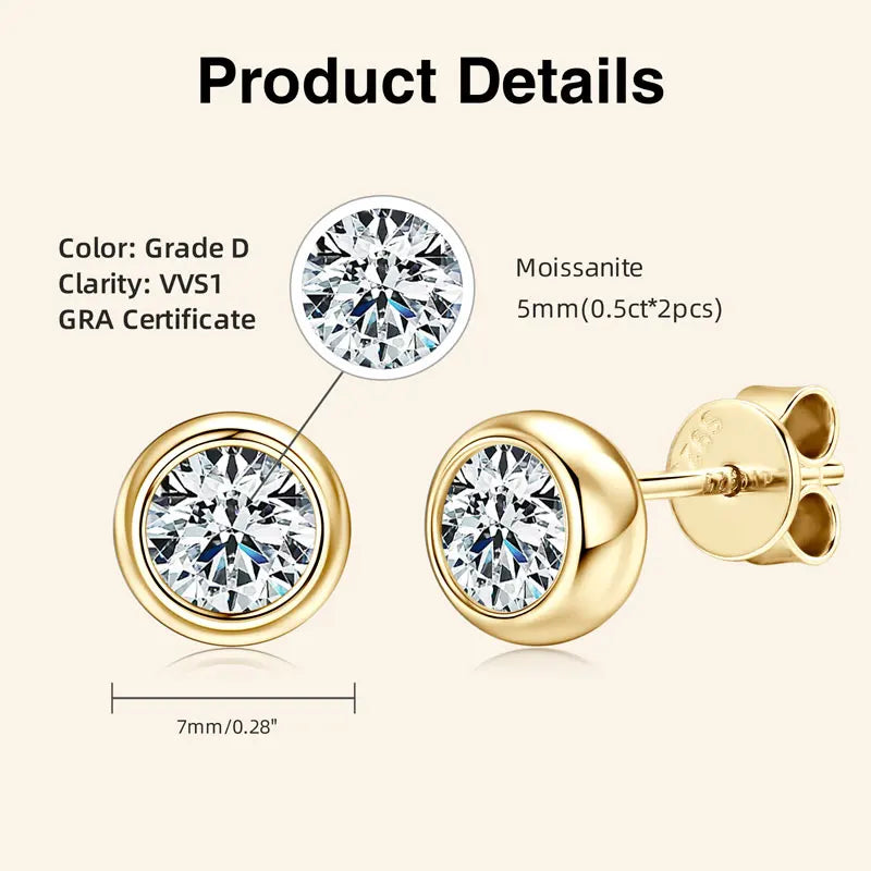 Lnngy GRA Certified 5mm/6.5mm Moissanite Earring 925 Sterling Silver Round Bubble Stud Earrings for Women Daily Jewelry Gift