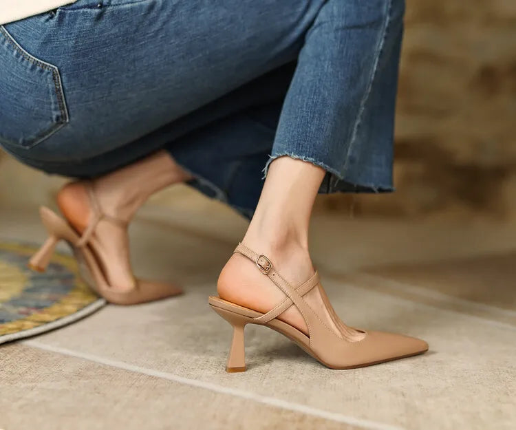 Summer Women Shoes Pointed Toe Thin Heel Women Sandals Genuine Leather Shoes for Women Slingback Elegant High Heels Party Shoes