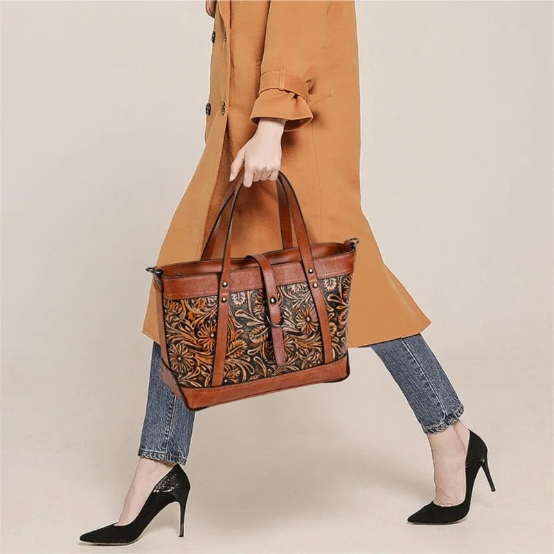 Vintage Embossed Leather Tote Bag for Women, Large Capacity Cowhide Shoulder Bag with Adjustable Strap, Handcrafted Work Purse