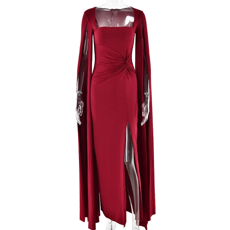 Mozision Long Cape Sleeve Split Maxi Dress For Women Gown Fashion Solid Square Collar Evening Sexy Long Dress Elegant New