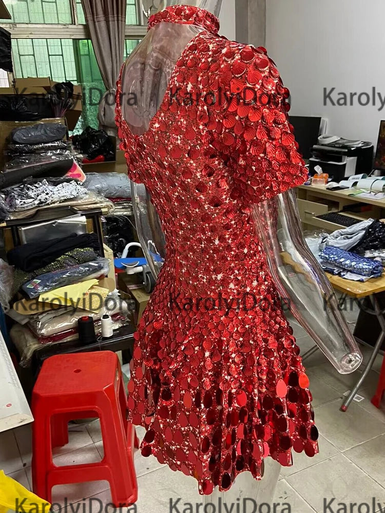 Sexy Black Shell Sequins Mini Dress Nightclub Dance High Quality Performance Clothing Bodysuit Birthday Red Dresses
