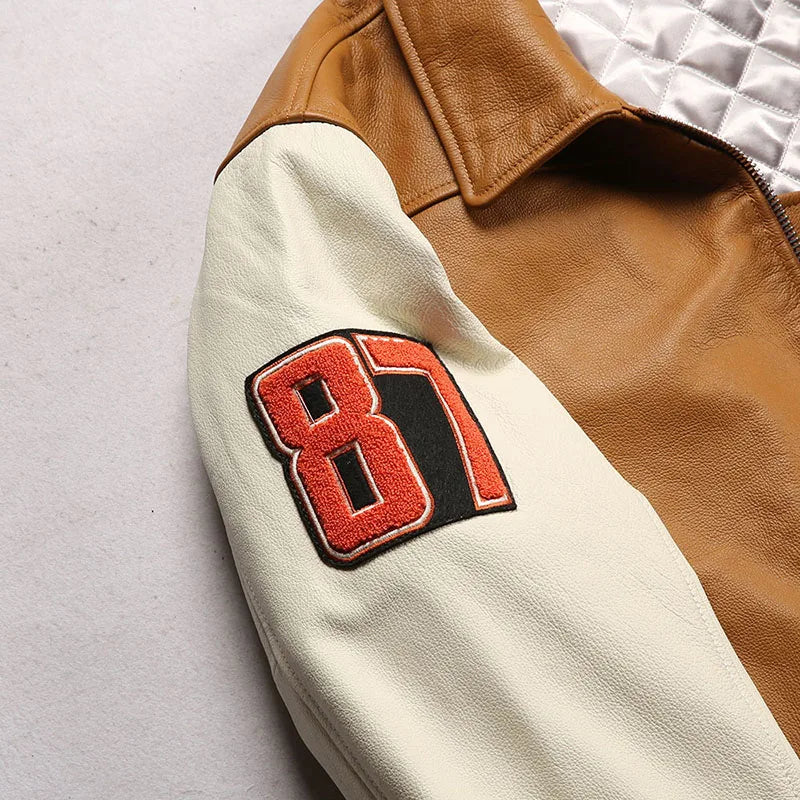 Men large size leather jacket flight suit jacket printed big chief embroidery casual sports yellow cowhide leather jackets tops