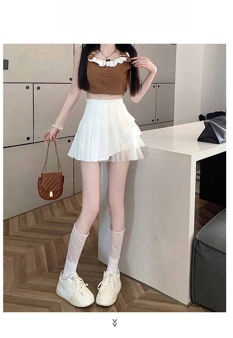 Slimming A-Line Skirt for ort Women High Waist Pleated Commuter Sle Net Gauze f Body Skirts Fem Faion