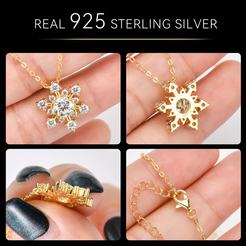 Lnngy Bling 6.5mm&3mm&2mm Moissanite Necklace 925 Sterling Silver Snowflake Pendant Necklaces for Women Christmas Jewelry Gift
