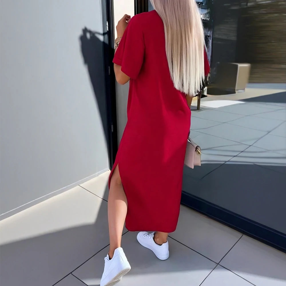 Rafiah Summer Dresses 2025 Women's Casual Solid Color Short Sleeve Crew Neck Daily Basic A-Line Long Arabian Dresses
