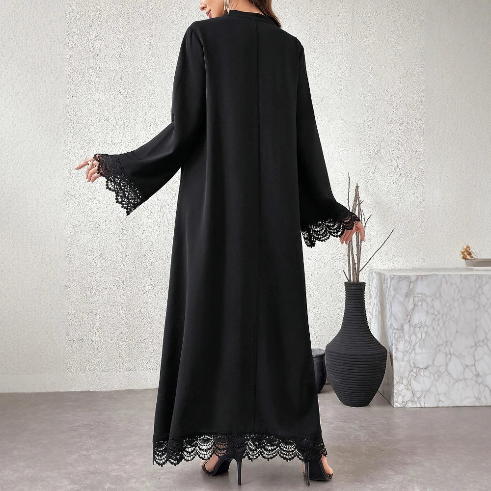 Rafiah Women's Dresses Autumn Winter Elegant Decent Fashion 2025 Plain Lace Long Sleeve V-Neck Maxi A Line Casual Dresses