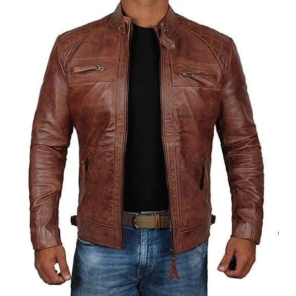 2024 New Spring and Autumn Men's Fashion Handsome Leather Coat Stand Collar Punk Motorcycle Leather Jacket Faux Leather