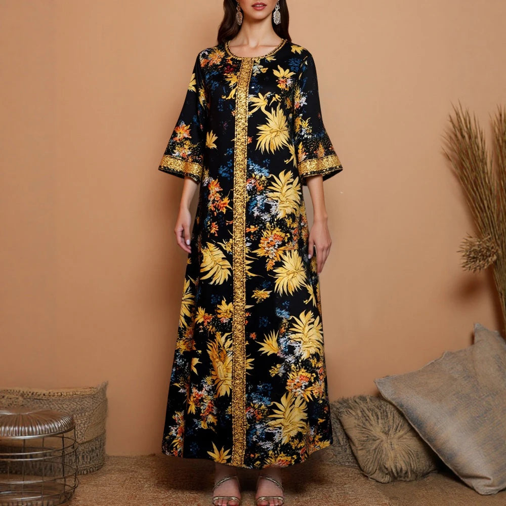 Rafiah Women's Arabian Dress Autumn Winter 2025 Women's Traditional Opulent Full Print Short Sleeve V-Neck Flowy Hem Long Dress