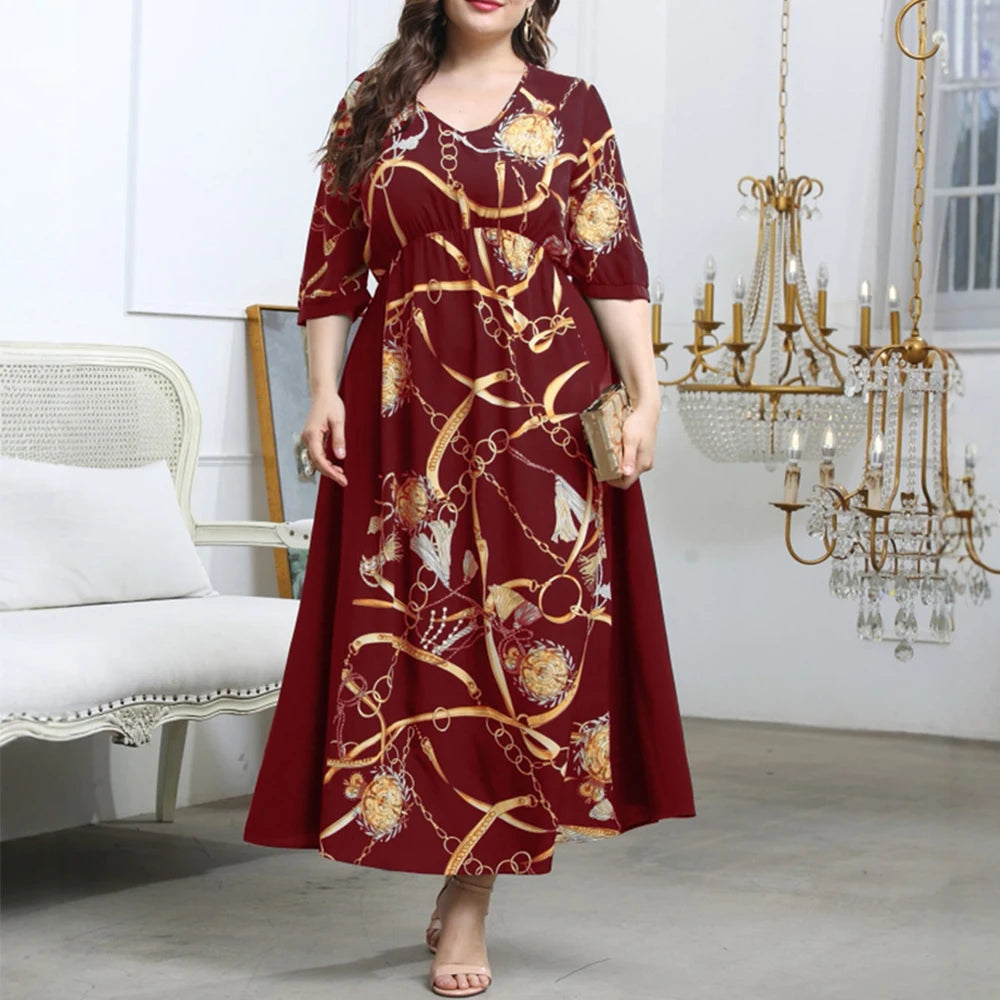 Plus Size Rafiah Women's Summer Long Dress 2025 Fashion V-Neck Half Sleeve A-Line Maxi Full Print Vacation Dress