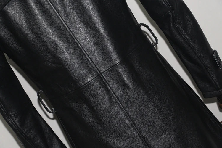 Men's Leather Trench Coat, Genuine Cowhide, Double Breasted, Extended Length Trench Long Coat Windproof Belt, Autumn Winter,6XL