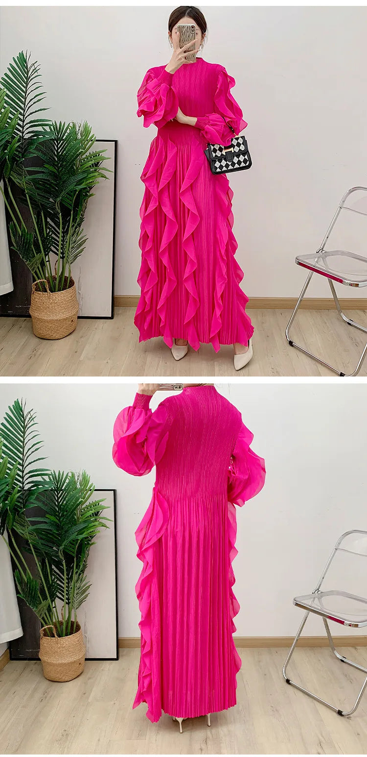 Fashion Ruffles Pleated Dress Women Round Neck Flare Sleeves Solid Maxi Belt Dresses Party 2025 Autumn New