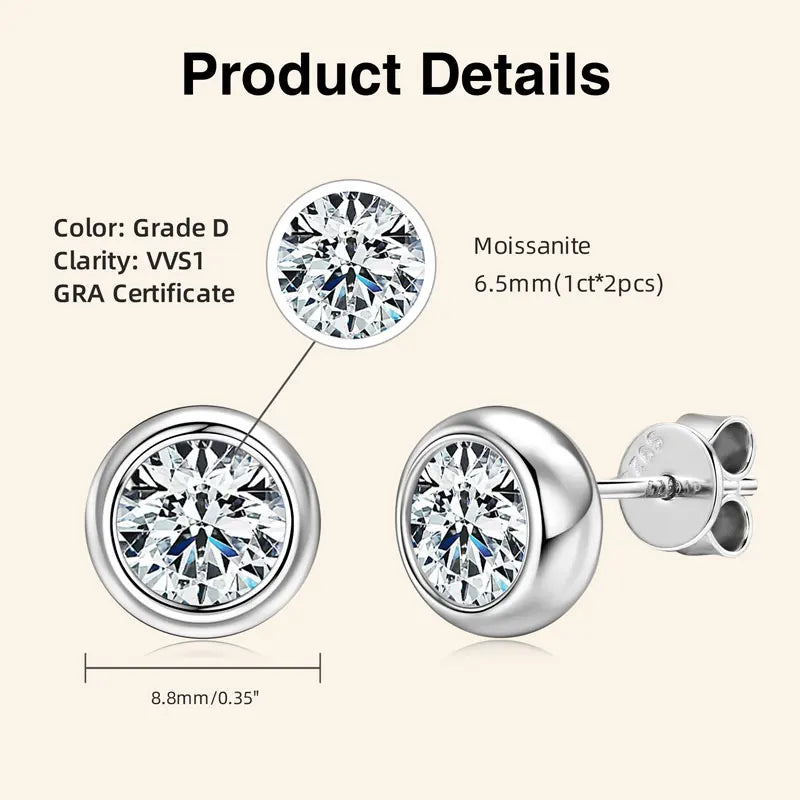Lnngy GRA Certified 5mm/6.5mm Moissanite Earring 925 Sterling Silver Round Bubble Stud Earrings for Women Daily Jewelry Gift