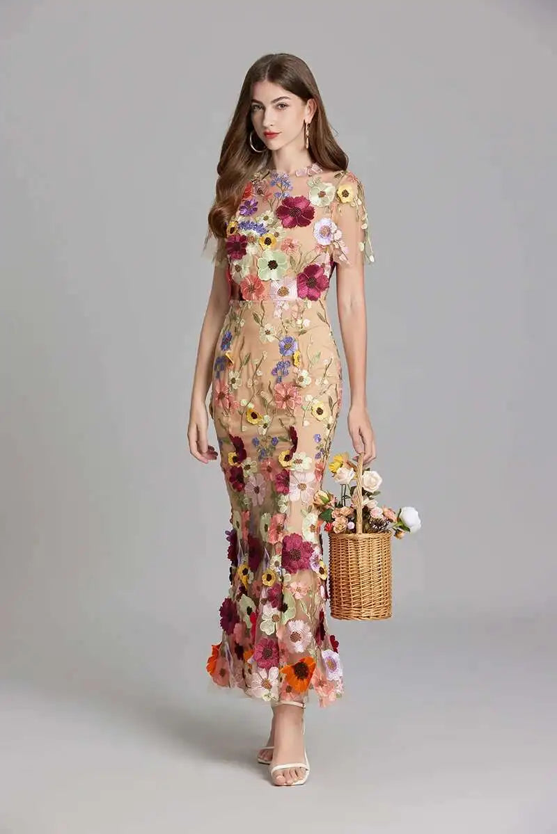 French Luxury 3D Flower Fishtail Lace Prom Dress – Women's Summer Short Sleeve Midi Evening Dress