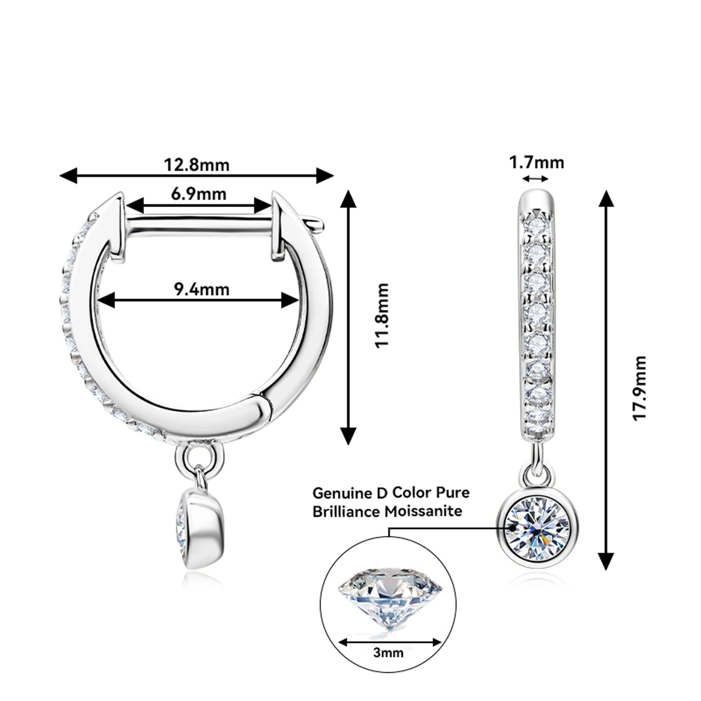 Lnngy 925 Sterling Silver Dangle Earring 1CT 2CT Round Bezel Setting Moissanite Drop Earrings For Women Girl Birthday Party Gift