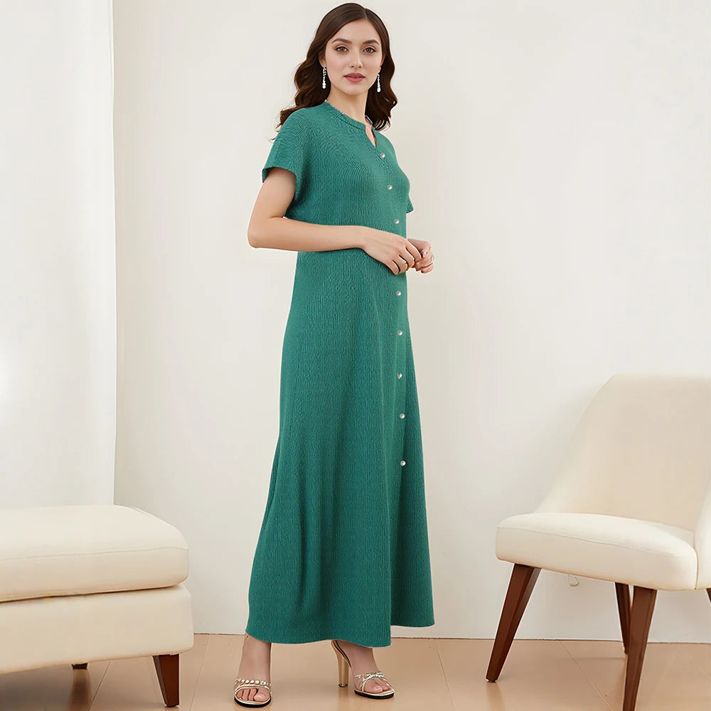 Rafiah Women's Summer 2025 Dress Solid Color V-Neck Button-Front Short Sleeves Minimalist Detailing Long Dress
