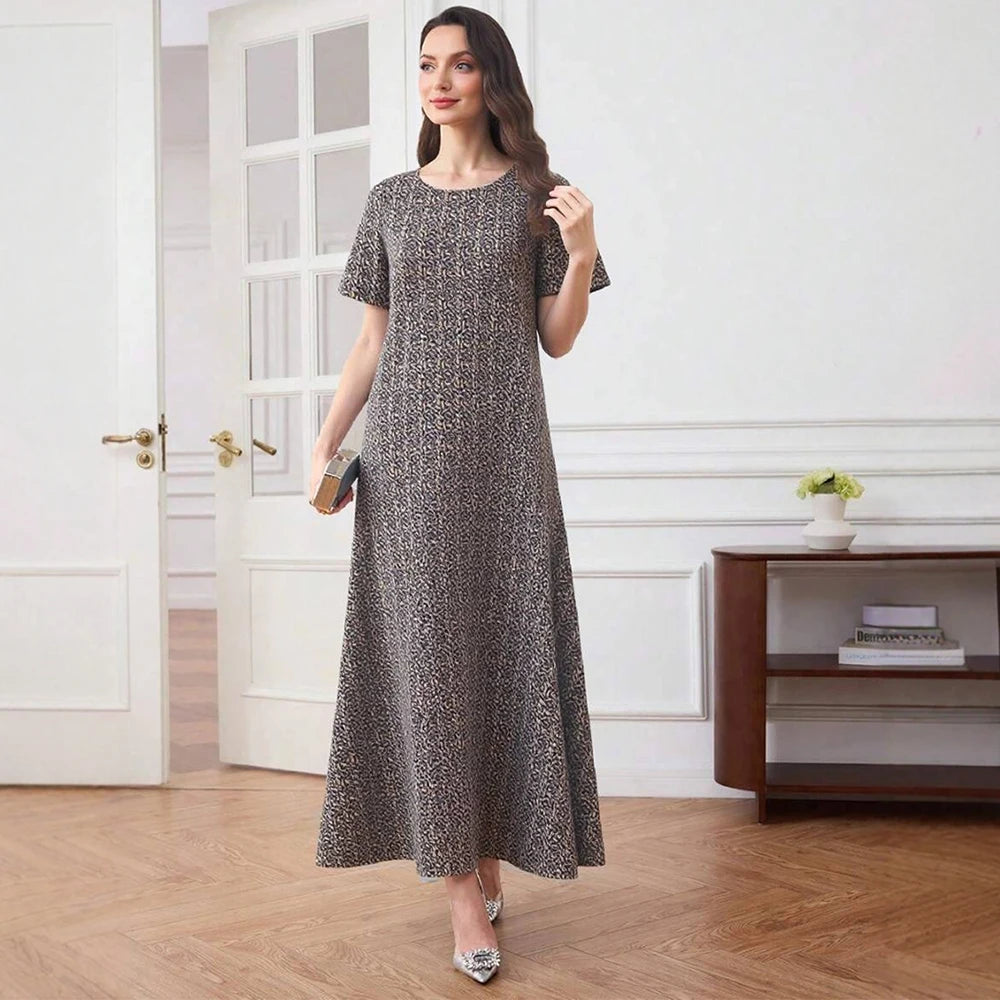 Rafiah Women's Long Dresses Summer Comfortable Elegant 2025 Full Print Short Sleeve Round Neck A-Line Midi Vacation Dresses
