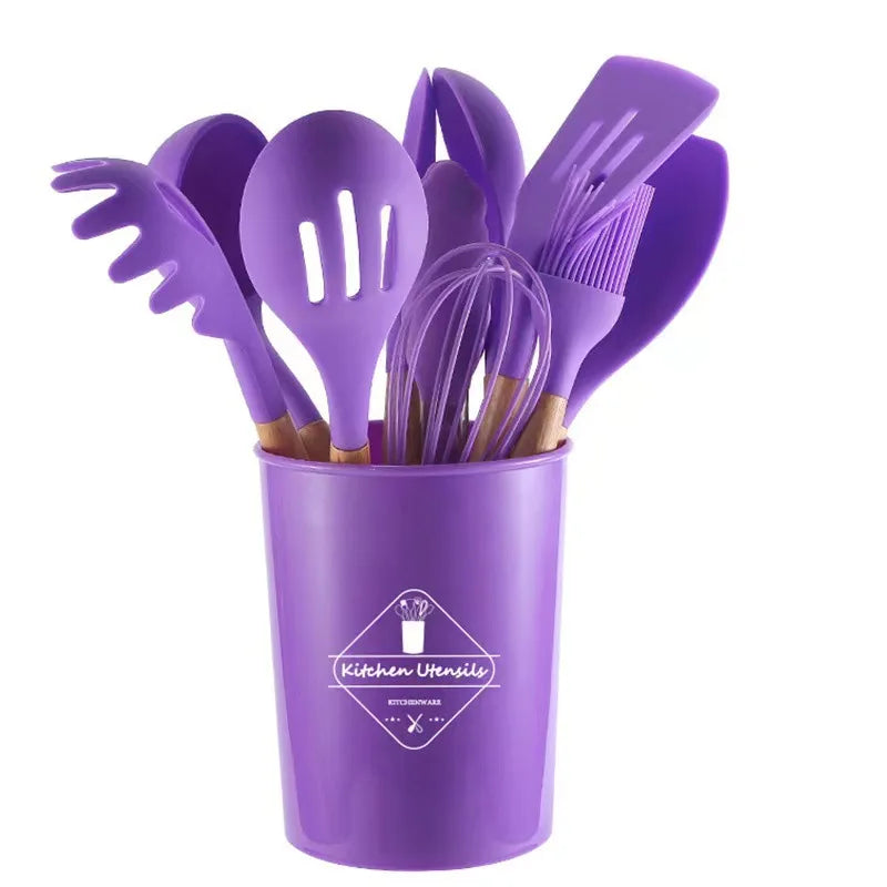 12Pcs Silicone Kitchen Utensils Cooking Wooden Handle Non Stick Pot Kitchenware Set Storage Bucket Silicone Kitchen Utensils