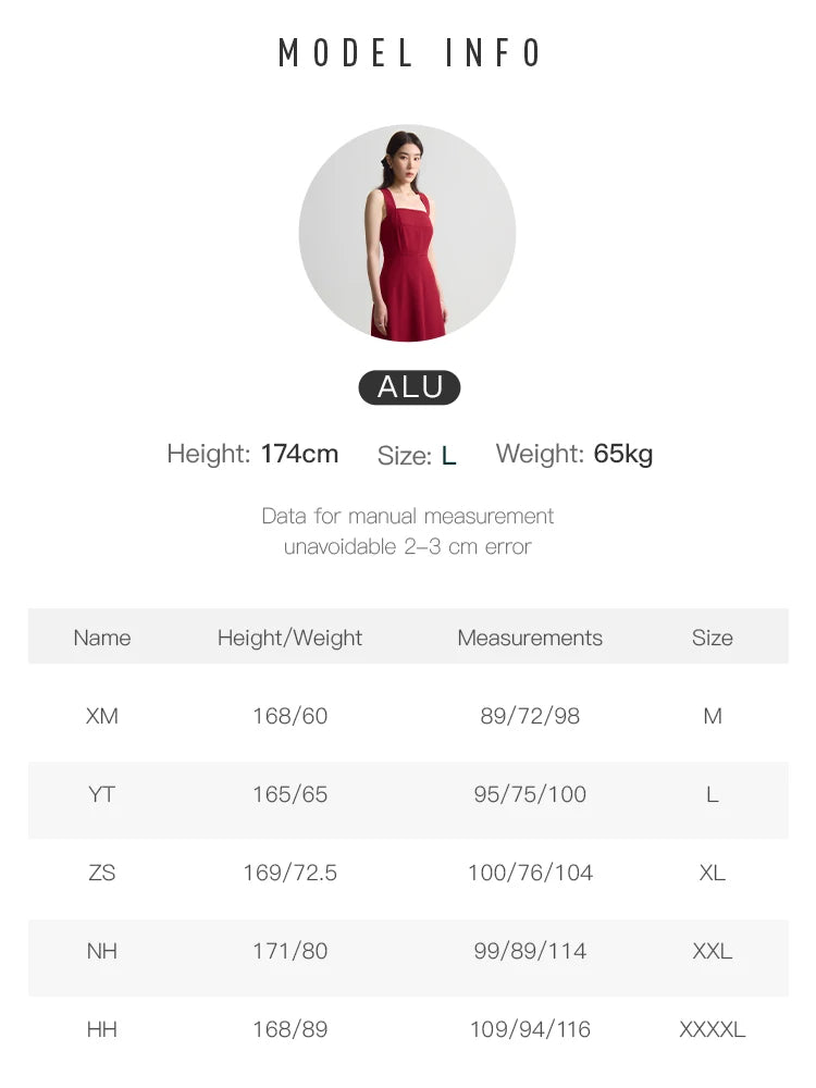 DUSHU French Style Suspender Dress for Women Summer Chic Style Red Square Collar Slim Mid-length Elegant Dress Female 24DS82114