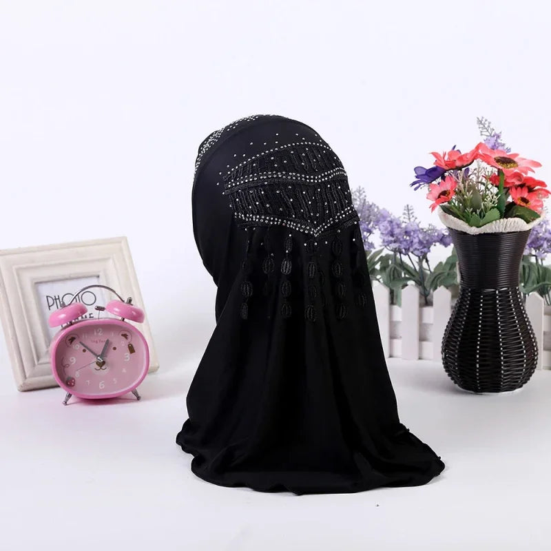 Amira-Muslim Girls Headwear with Diamond Tassel Islamic Prayer Headscarf Arab Soft Wrapped Scarf Plain Shawls Middle East