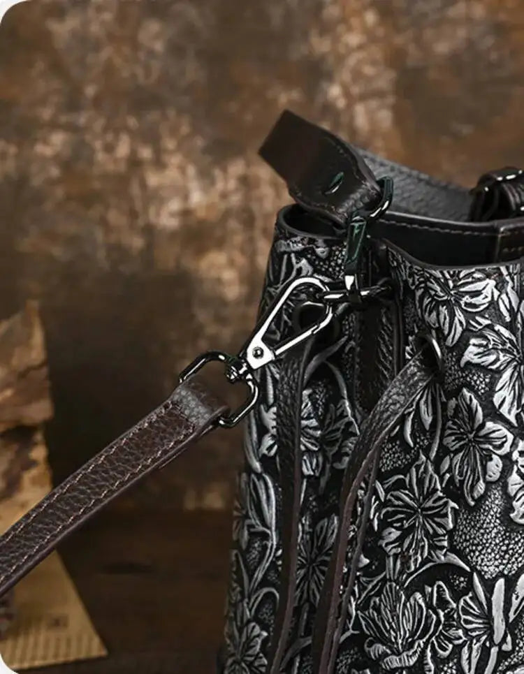 MOTAORA Retro Embossed Genuine Leather Women Shoulder Bucket Bag Luxury Cowhide Handbag Female New Large Capacity Crossbody Bags