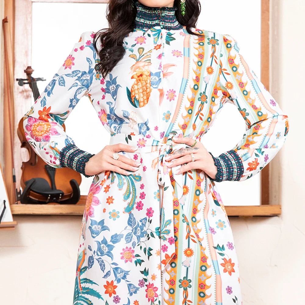Rafiah Summer Arabian Dress 2025 Cultural Intricate Full Print Long Sleeve High Neck Midi A-Line Long Dress For Women