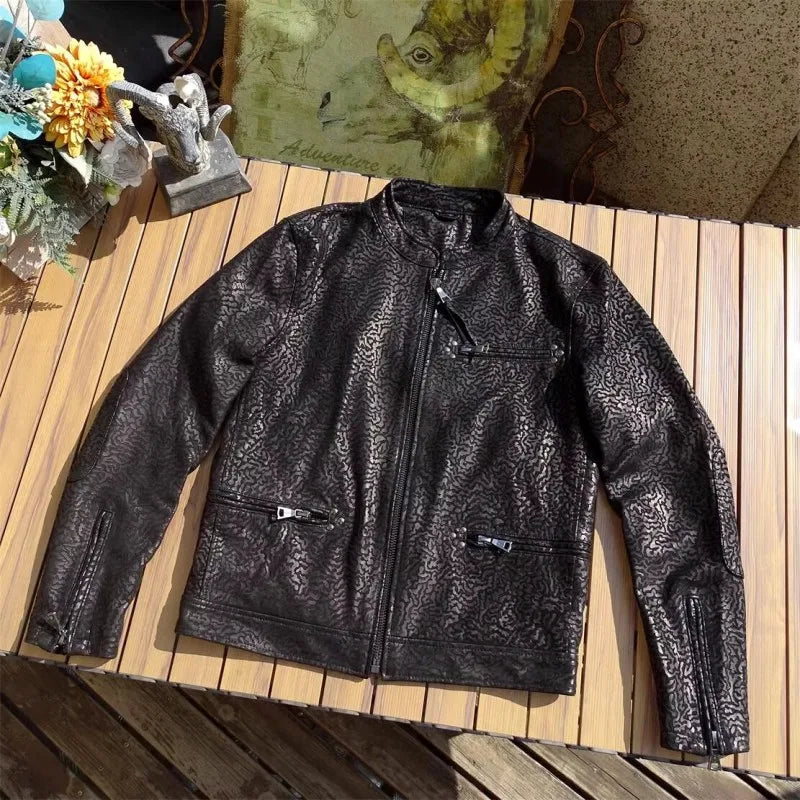 New Designer Spring Autumn Mens Goatskin Genuine Leather Jacket Slim Fit Stand Collar Zipper Punk Stage Show Leather Coat 5XL