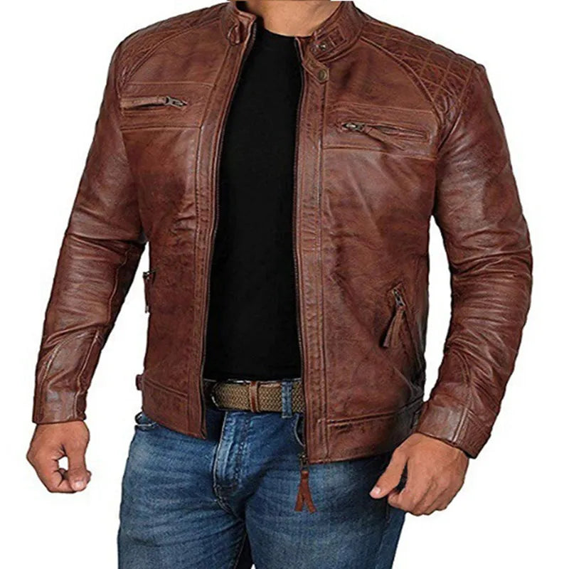 2024 New Spring and Autumn Men's Fashion Handsome Leather Coat Stand Collar Punk Motorcycle Leather Jacket Faux Leather