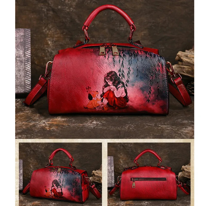 MOTAORA Vintage Women Luxury Leather Handbag For Female Bag Luxury Designer Hand Drawn Cartoon Pattern Ladies Shoulder Bags 2025