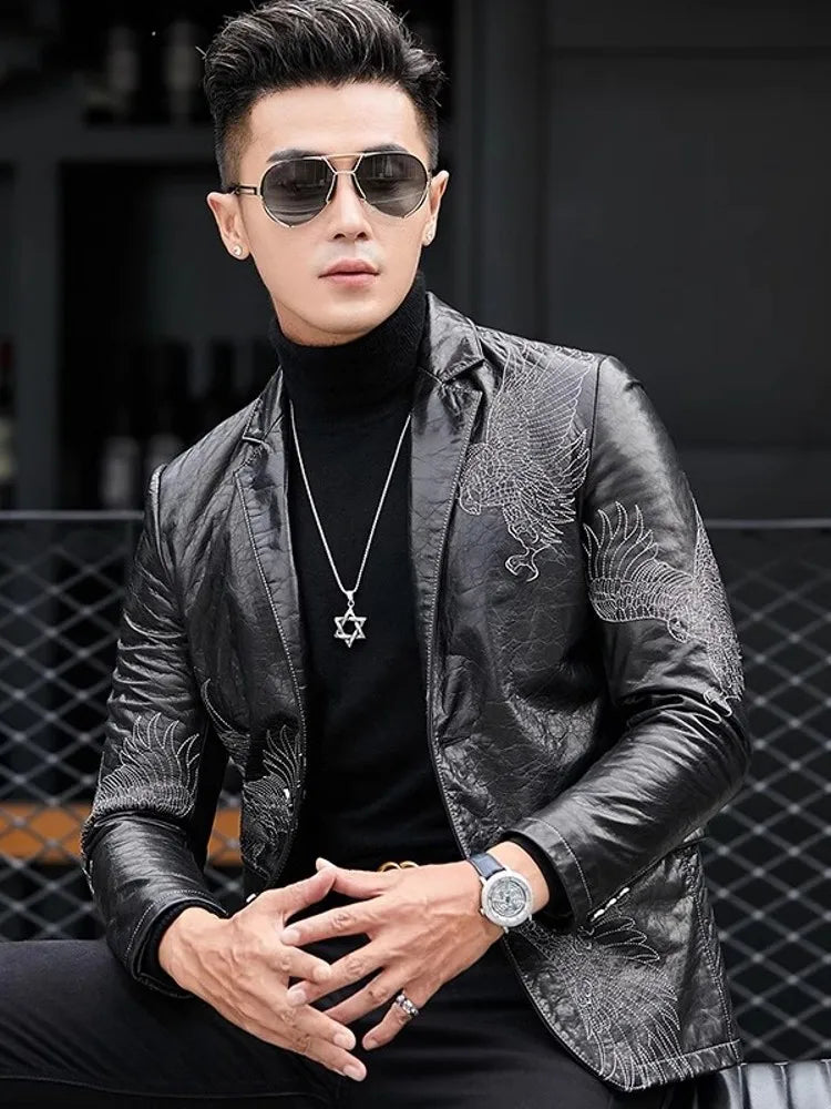 Business Men Fashion Eagle Embroidery Blazer Jacket Slim Fit Work Suit Coat Spring Autumn Natural Cowhide Genuine Leather Jacket