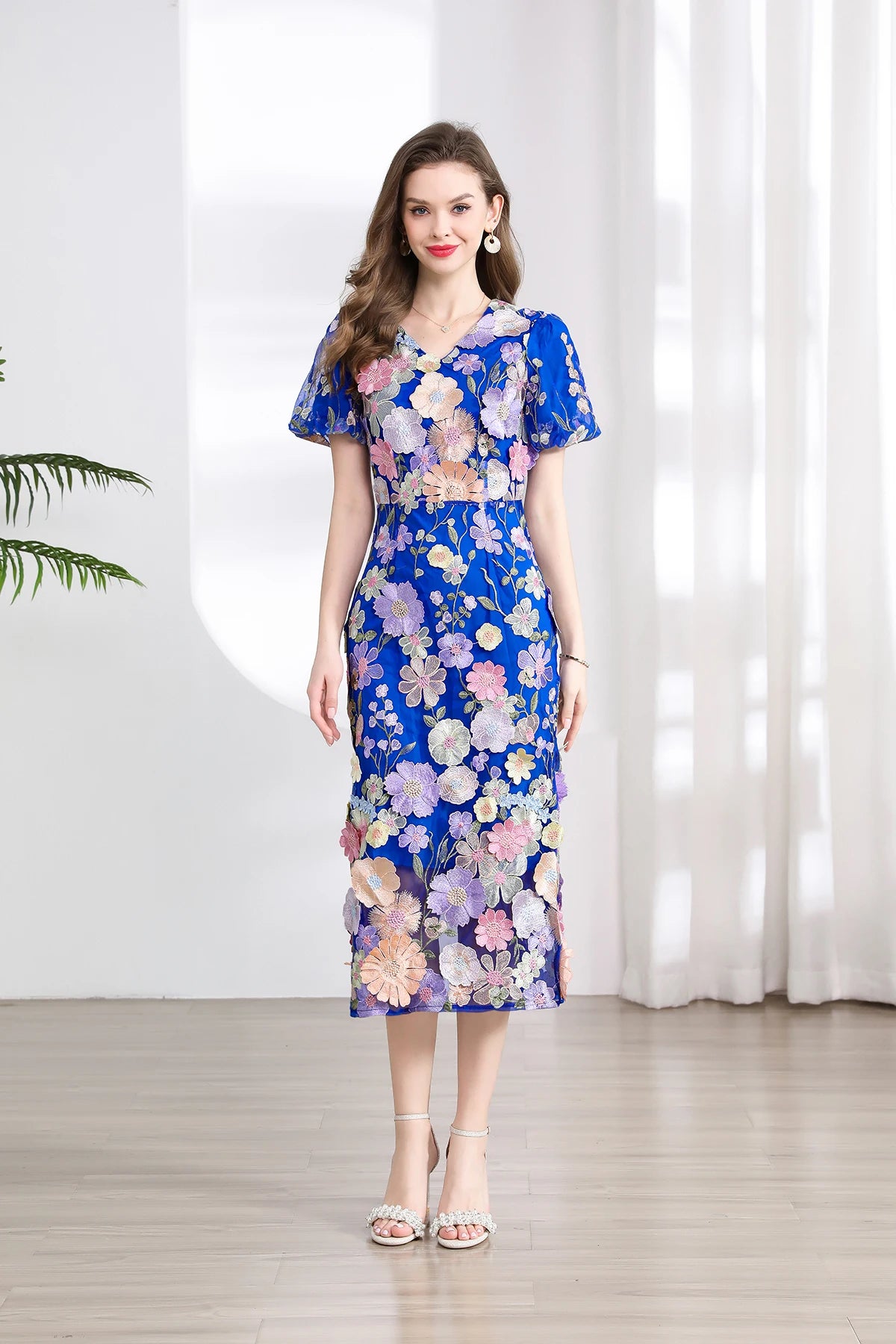 Summer High-end Embroidery Lace Prom Dress Women French Luxury 3D Flower Short Sleeve Long Dress Party Bodycon Holiday Vestido