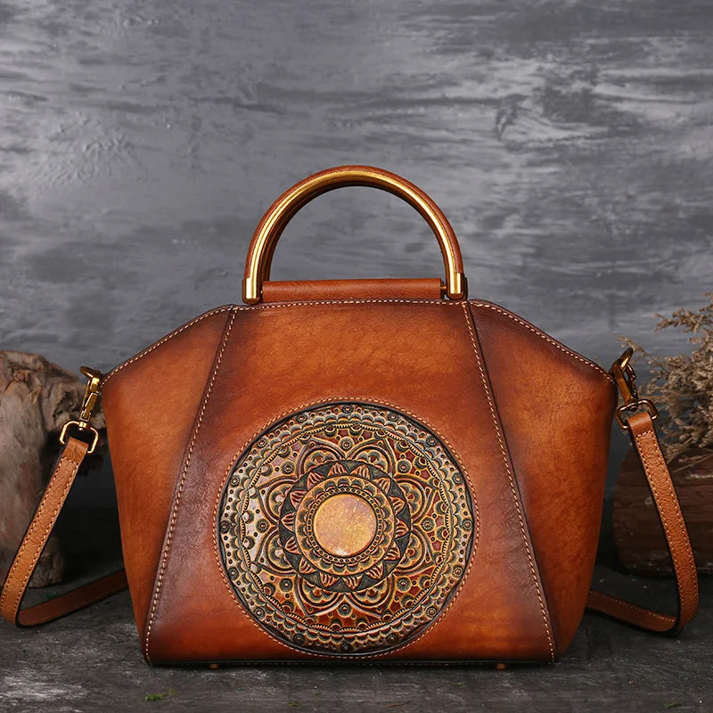 MOTAORA 2025 New Women Genuine Leather Handbags Organizer Retro Vegetable Tanning Leather Vintage Embossing Totem Shoulder Bag