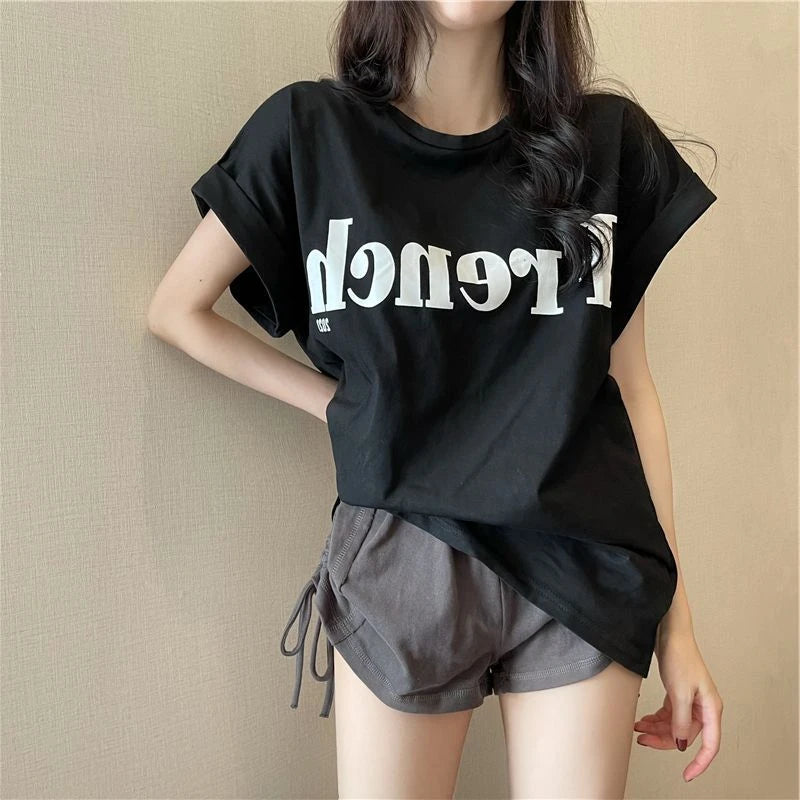 Loose ort Sve T-irt Women's Summer Thin Design Sense Hong Kong Sle Chic Retro Top Trendy round Ne Polyester ...