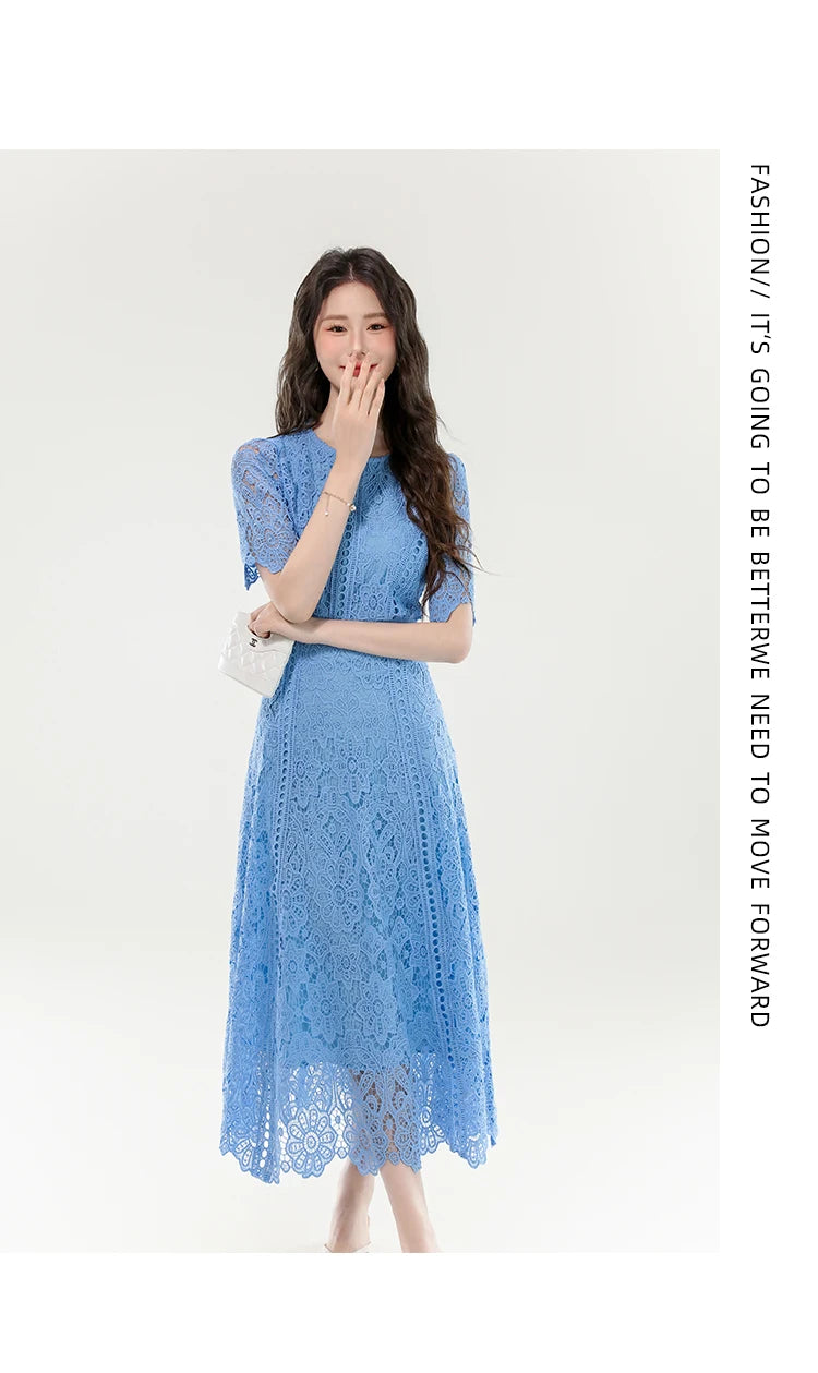 2025 New Summer French Elegant Fashion Evening Dress Women Lace Hollow Out Crochet Party Dress Casual Chic Holidays Clothing