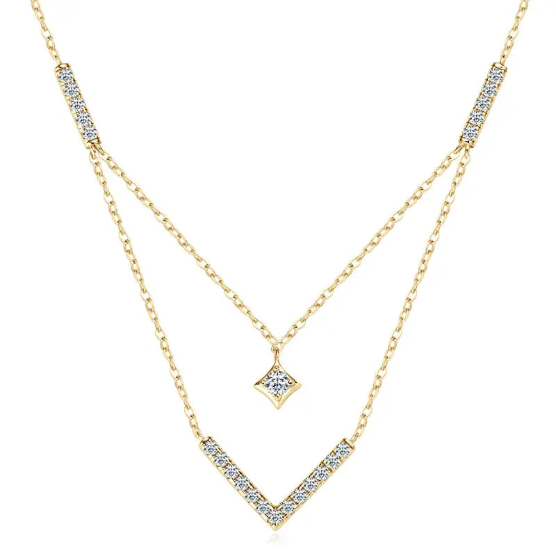 Lnngy Sparkling 3mm&1.8mm Round Moissanite Necklace 925 Sterling Silver Fashion V-Shape Necklaces for Women Fine Jewelry Gift