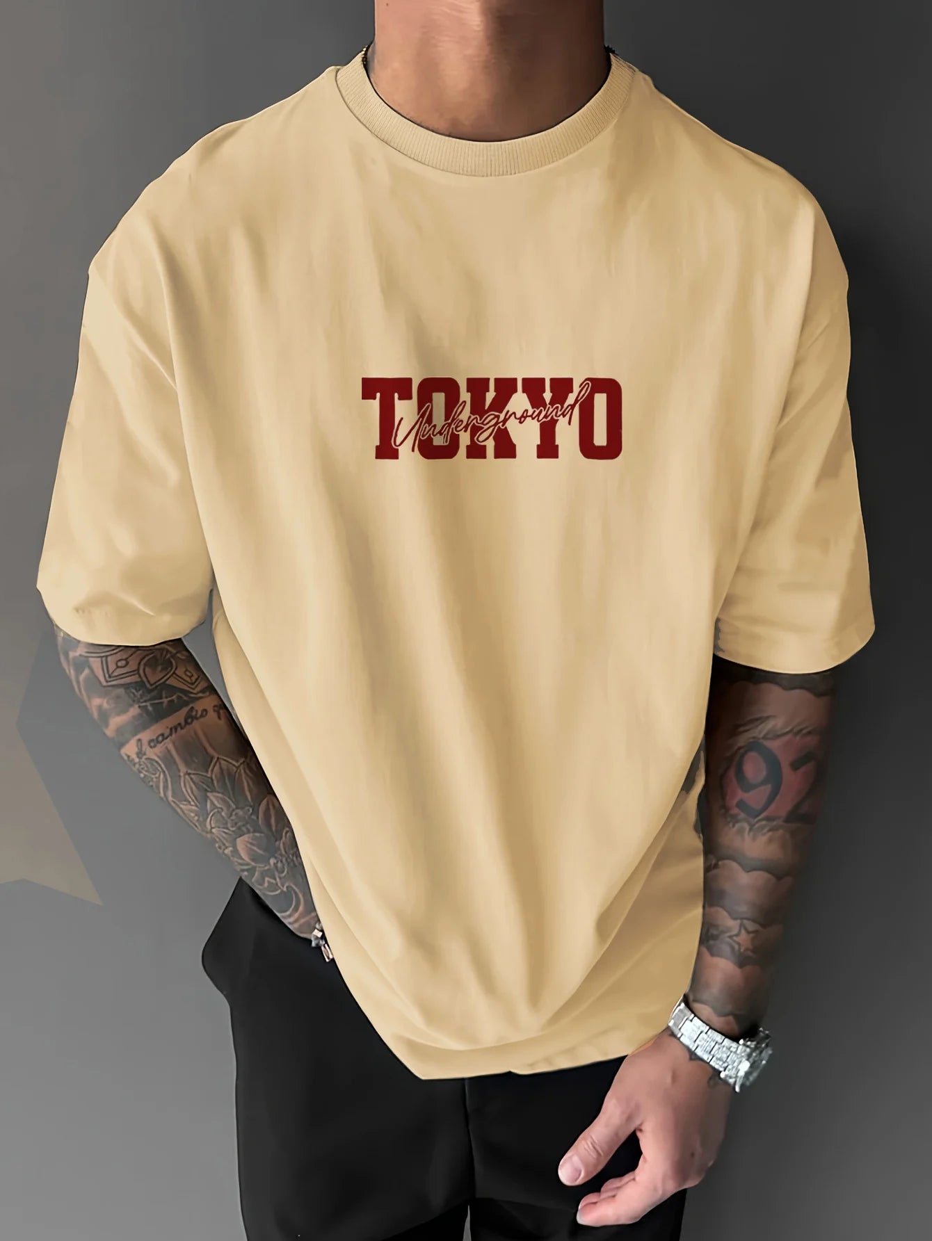 Men's Summer 100% Cotton Fashionable Casual Loose Large Size Japanese Tokyo Pattern Printed Round Neck Short Sleeve T-shirt Top