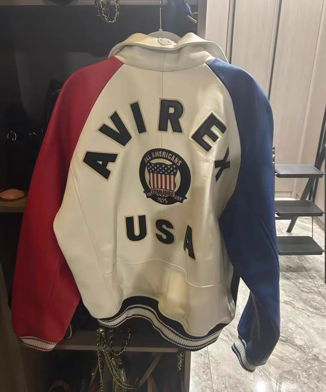 Avirex Colorblocked Men's French Sheepskin Jacket Flight Suit Genuine Leather Leather Jackets US Size Fashion Casual Coat tops