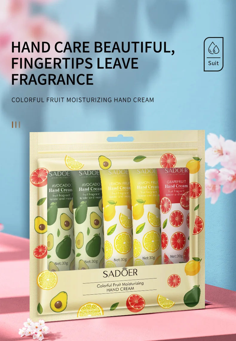 5Pcs/set SADOER Fruit Plant Fragrance Hand Cream Sets Moisturizing Repair Anti Dry Hand Lotion Sets Hands Skin Care Products